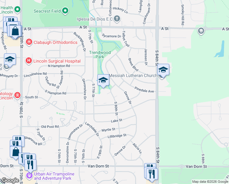 map of restaurants, bars, coffee shops, grocery stores, and more near 1903 Devoe Drive in Lincoln