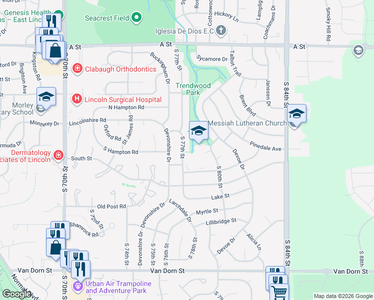 map of restaurants, bars, coffee shops, grocery stores, and more near 1915 South 77th Street in Lincoln