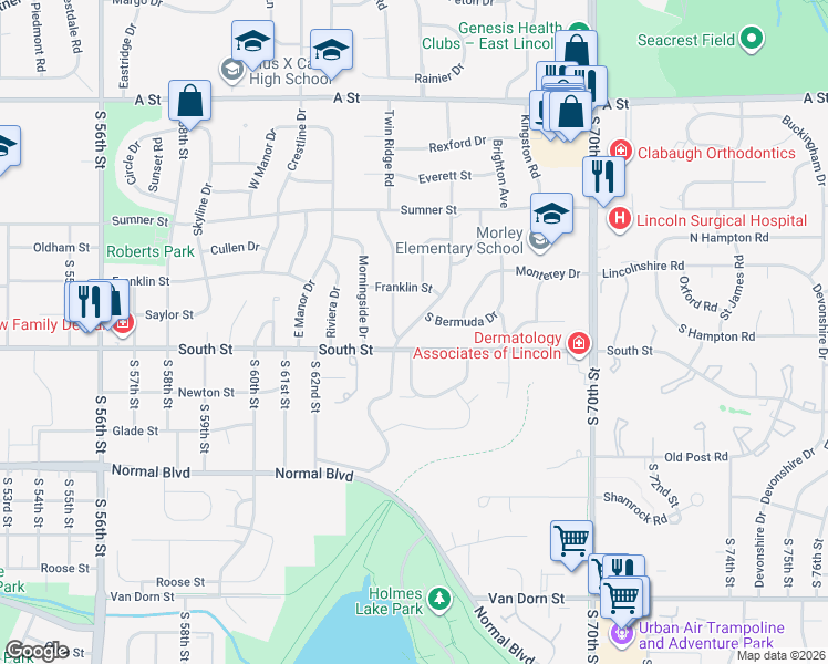 map of restaurants, bars, coffee shops, grocery stores, and more near 6631 South Bermuda Drive in Lincoln