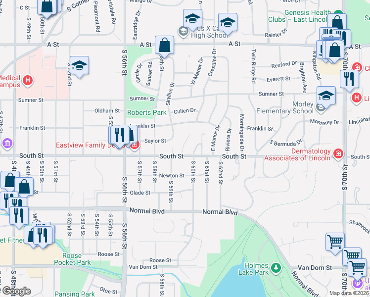 map of restaurants, bars, coffee shops, grocery stores, and more near 1941 Manor Court in Lincoln