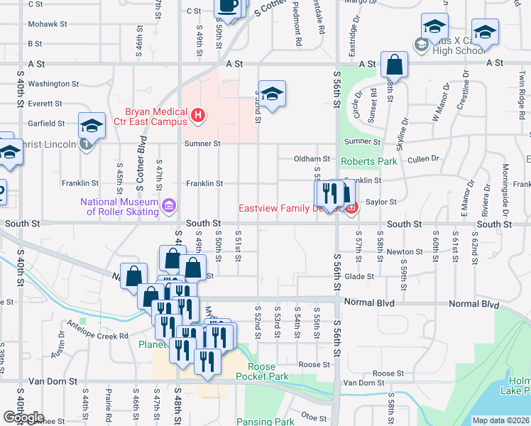 map of restaurants, bars, coffee shops, grocery stores, and more near 1945 South 53rd Street in Lincoln