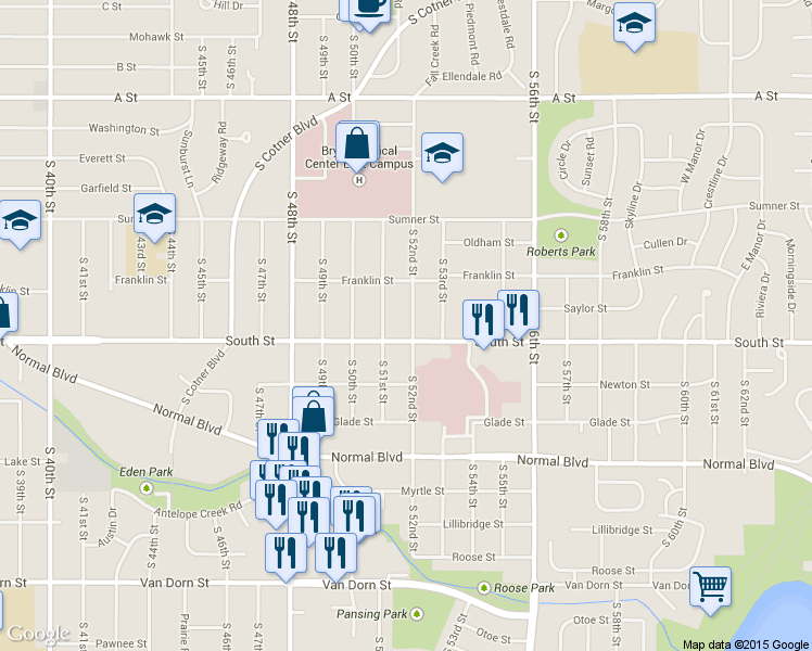 map of restaurants, bars, coffee shops, grocery stores, and more near 1941 South 52nd Street in Lincoln