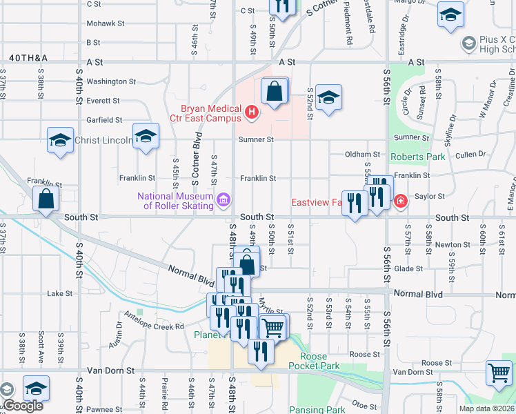 map of restaurants, bars, coffee shops, grocery stores, and more near 2000 South 49th Street in Lincoln
