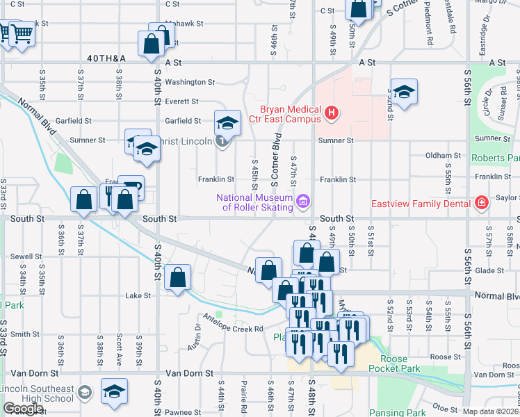 map of restaurants, bars, coffee shops, grocery stores, and more near 1940 South 45th Street in Lincoln