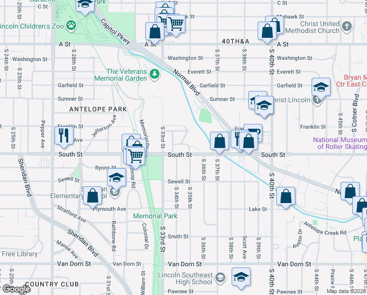 map of restaurants, bars, coffee shops, grocery stores, and more near 3450 Cable Avenue in Lincoln