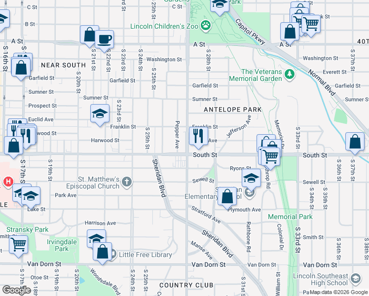 map of restaurants, bars, coffee shops, grocery stores, and more near 2001 South 27th Street in Lincoln