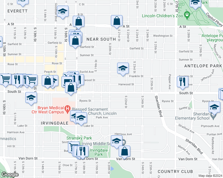 map of restaurants, bars, coffee shops, grocery stores, and more near 2011 Harwood Street in Lincoln
