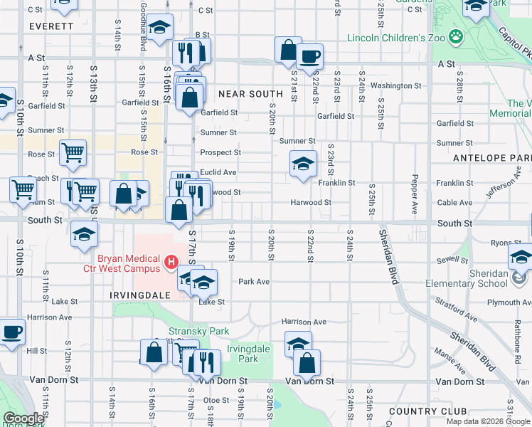 map of restaurants, bars, coffee shops, grocery stores, and more near 2024 Worthington Avenue in Lincoln