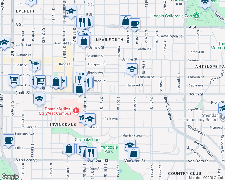 map of restaurants, bars, coffee shops, grocery stores, and more near 2024 Worthington Avenue in Lincoln