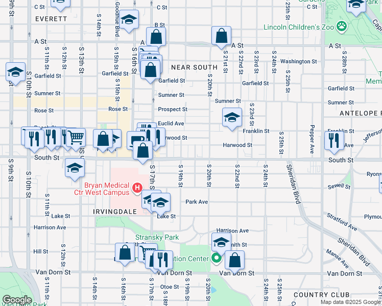 map of restaurants, bars, coffee shops, grocery stores, and more near 2024 Worthington Avenue in Lincoln