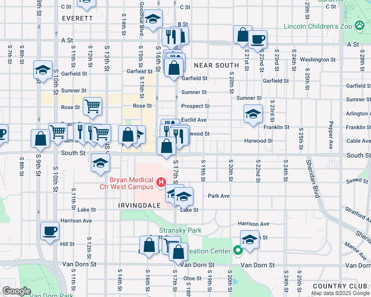 map of restaurants, bars, coffee shops, grocery stores, and more near 2035 South 18th Street in Lincoln
