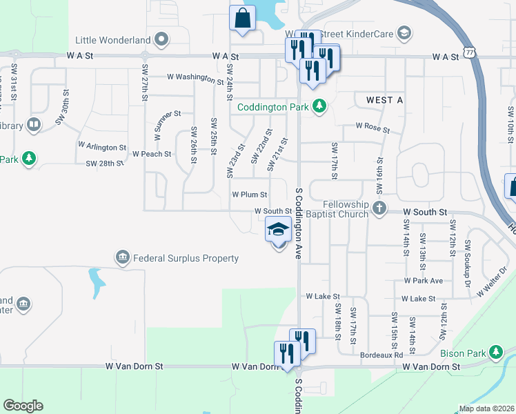 map of restaurants, bars, coffee shops, grocery stores, and more near 2011 Southwest 21st Street in Lincoln