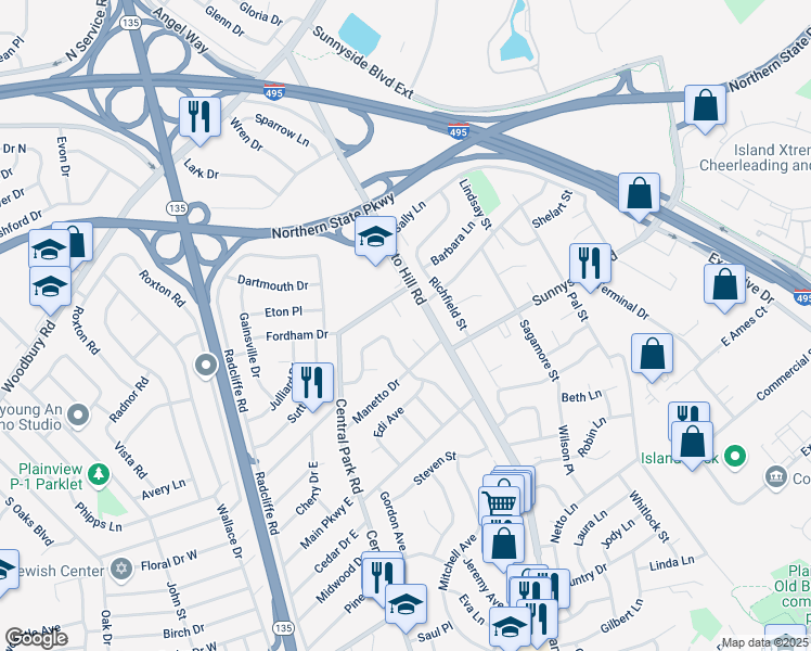 map of restaurants, bars, coffee shops, grocery stores, and more near 2 Park Court in Plainview