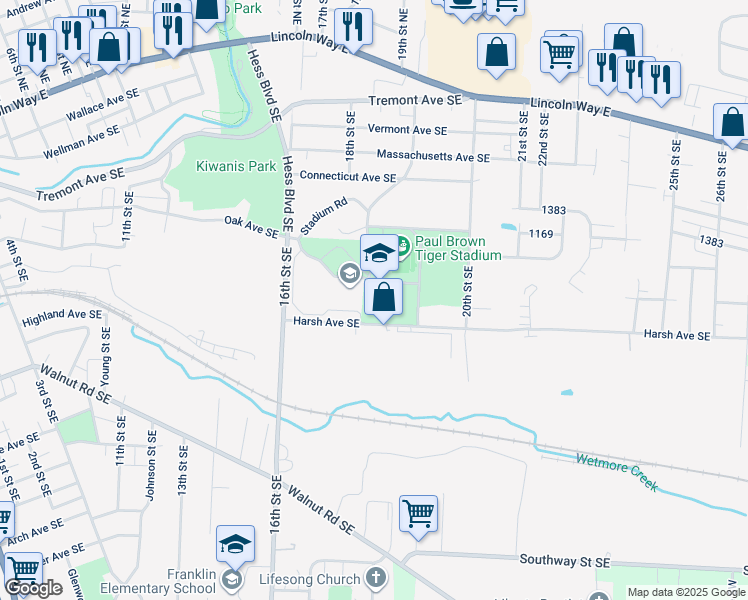 map of restaurants, bars, coffee shops, grocery stores, and more near 1 Paul E Brown Drive Southeast in Massillon