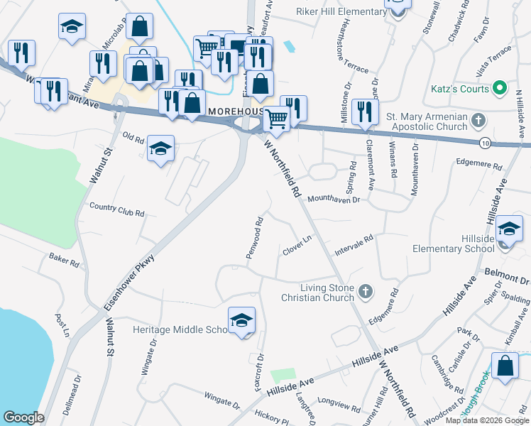 map of restaurants, bars, coffee shops, grocery stores, and more near 19 Penwood Road in Livingston
