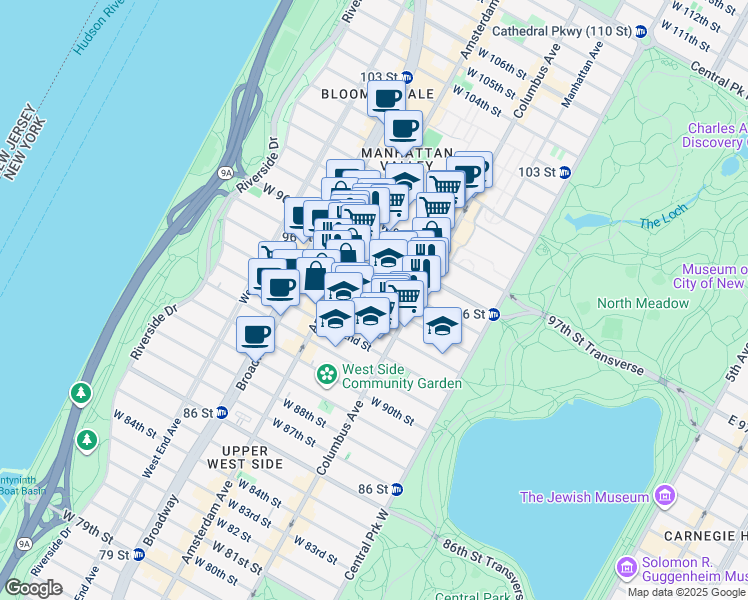 map of restaurants, bars, coffee shops, grocery stores, and more near 130 West 94th Street in New York