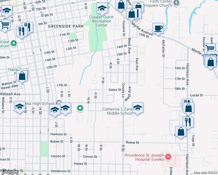 map of restaurants, bars, coffee shops, grocery stores, and more near 1714 18th Street in Eureka