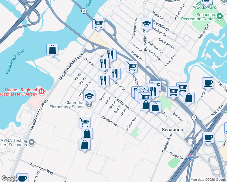 map of restaurants, bars, coffee shops, grocery stores, and more near 761 4th Street in Secaucus