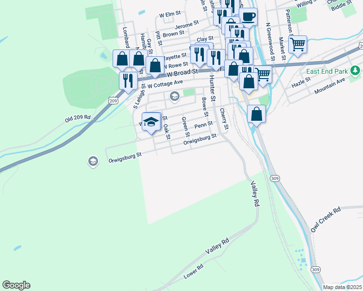 map of restaurants, bars, coffee shops, grocery stores, and more near 232 Orwigsburg Street in Tamaqua