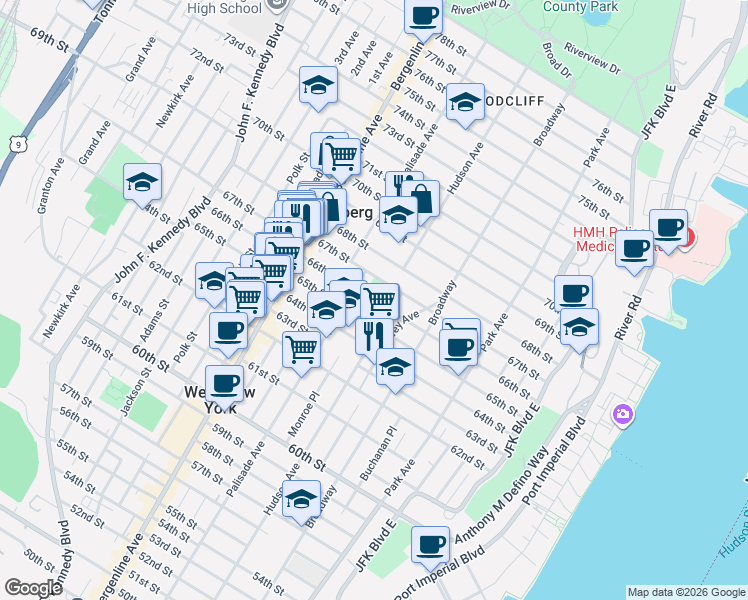 map of restaurants, bars, coffee shops, grocery stores, and more near 66th Street in West New York