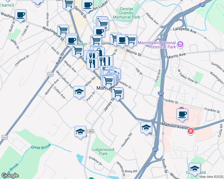map of restaurants, bars, coffee shops, grocery stores, and more near in Morristown