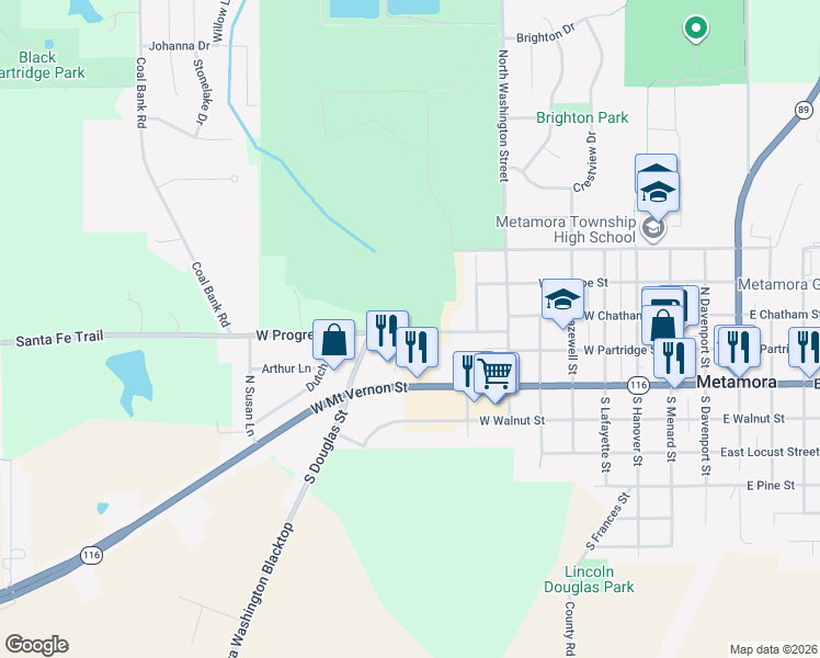 map of restaurants, bars, coffee shops, grocery stores, and more near 807 West Progress Street in Metamora
