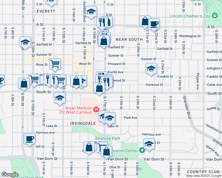 map of restaurants, bars, coffee shops, grocery stores, and more near 2035 South 18th Street in Lincoln