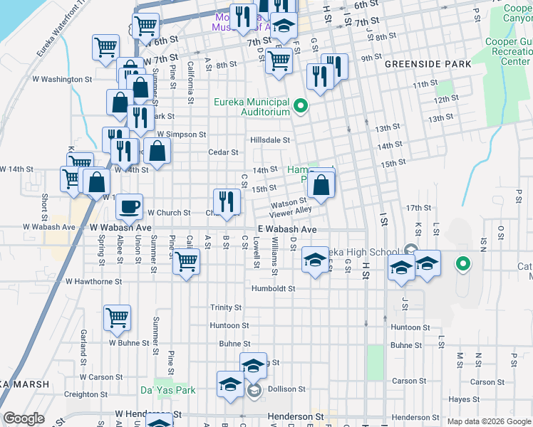 map of restaurants, bars, coffee shops, grocery stores, and more near 1607 Williams Street in Eureka