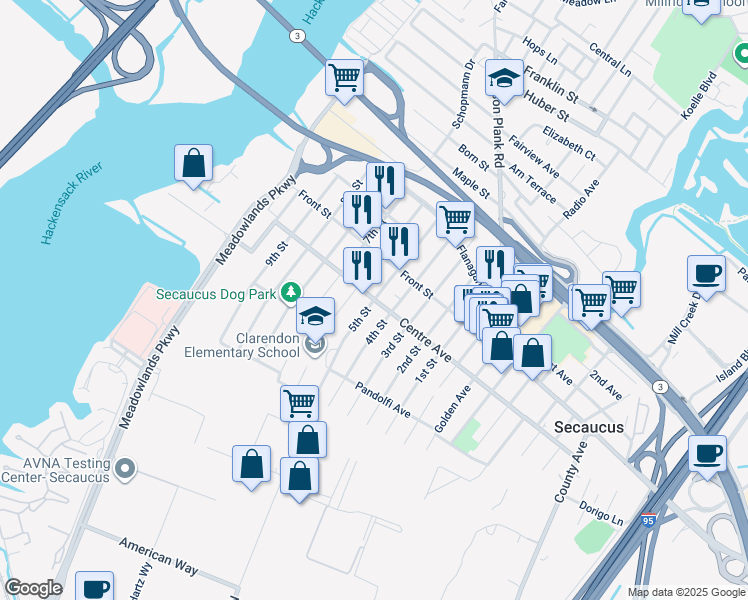 map of restaurants, bars, coffee shops, grocery stores, and more near 5th Street in Secaucus