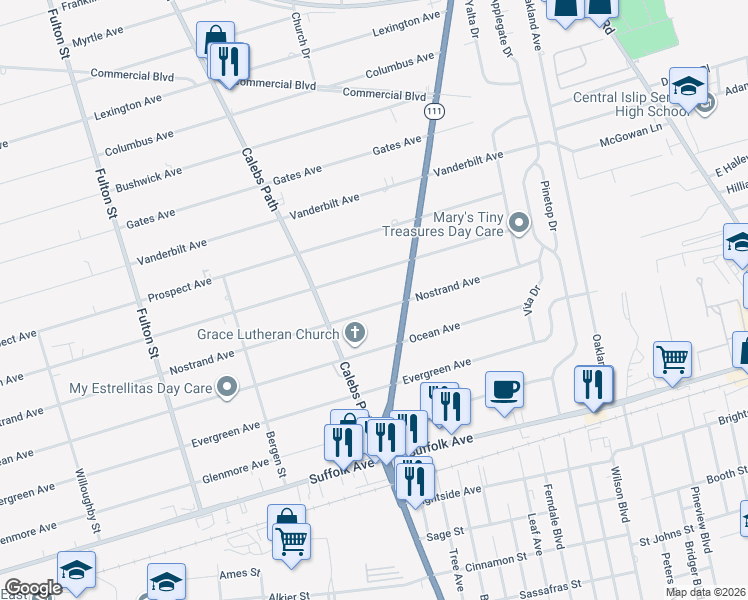 map of restaurants, bars, coffee shops, grocery stores, and more near 451 Nostrand Avenue in Central Islip