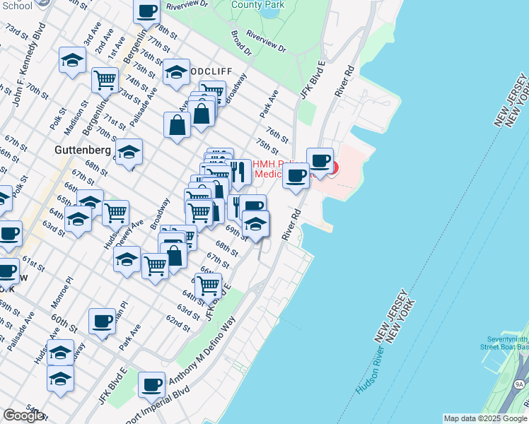 map of restaurants, bars, coffee shops, grocery stores, and more near in Guttenberg