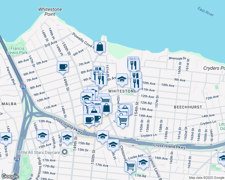map of restaurants, bars, coffee shops, grocery stores, and more near 151-57 11th Avenue in Queens