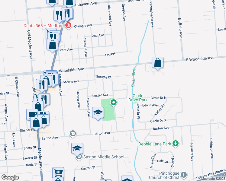 map of restaurants, bars, coffee shops, grocery stores, and more near 69 Richmond Avenue in Patchogue