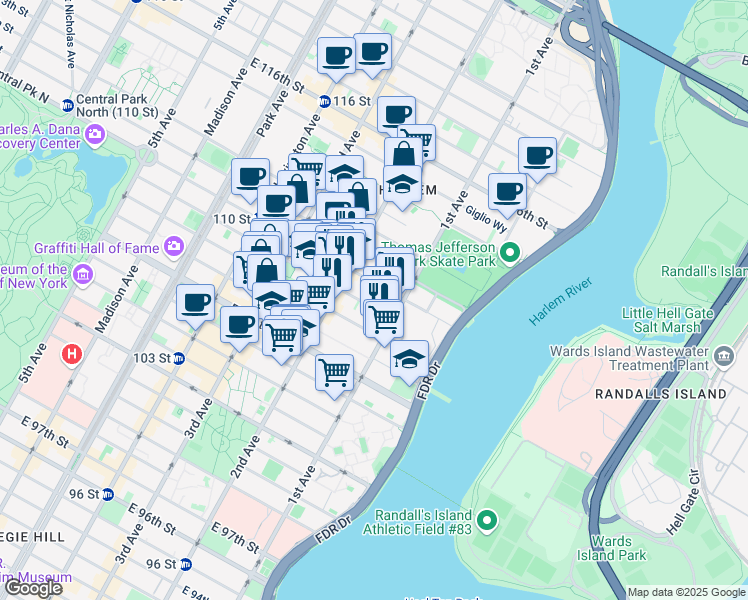 map of restaurants, bars, coffee shops, grocery stores, and more near 331 East 109th Street in New York