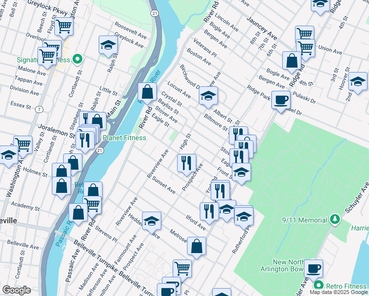 map of restaurants, bars, coffee shops, grocery stores, and more near 241 High Street in North Arlington