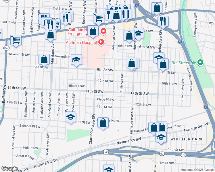 map of restaurants, bars, coffee shops, grocery stores, and more near 2422 10th Street Southwest in Canton