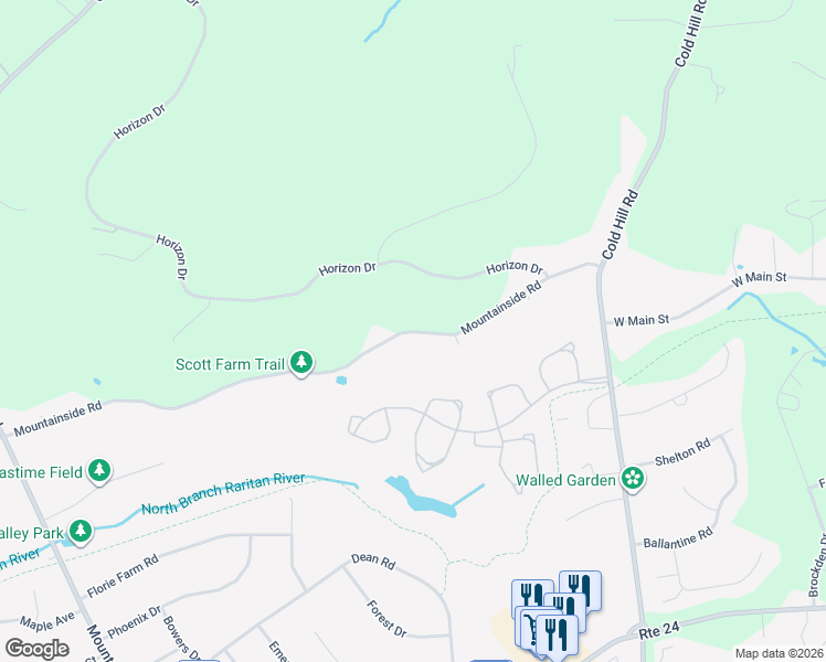 map of restaurants, bars, coffee shops, grocery stores, and more near 55 Mountainside Road in Mendham
