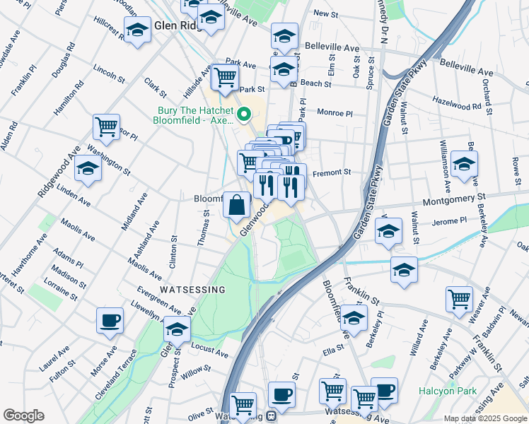 map of restaurants, bars, coffee shops, grocery stores, and more near 288 Glenwood Avenue in Bloomfield