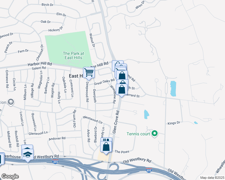 map of restaurants, bars, coffee shops, grocery stores, and more near 9 Woodbine Road in Roslyn Heights