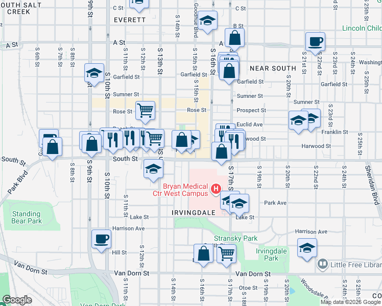 map of restaurants, bars, coffee shops, grocery stores, and more near 1436 Plum Street in Lincoln