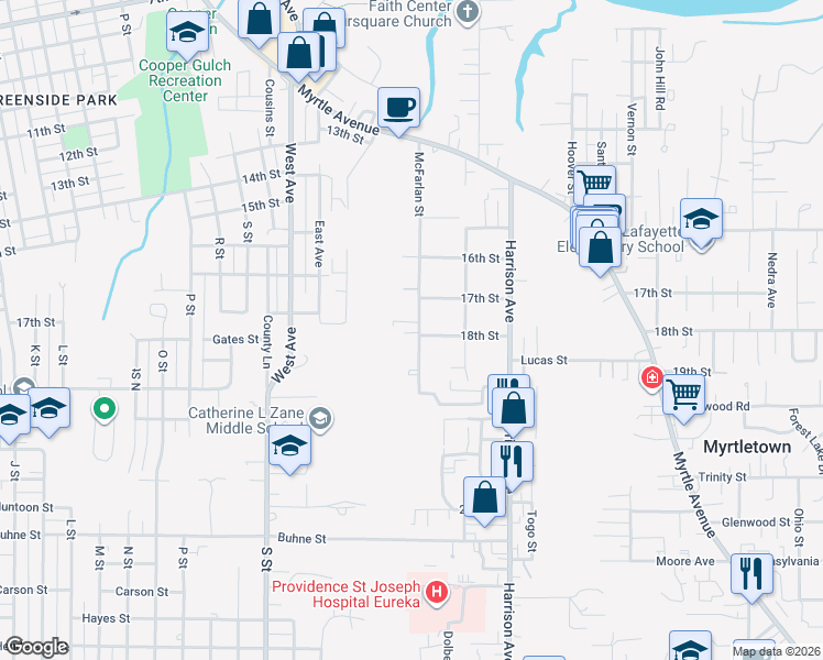 map of restaurants, bars, coffee shops, grocery stores, and more near 1750 McFarlan Street in Eureka