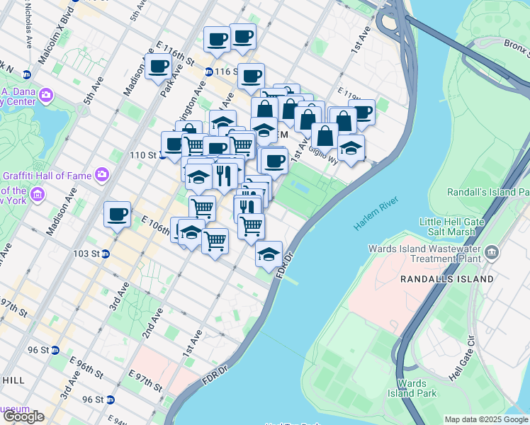 map of restaurants, bars, coffee shops, grocery stores, and more near 1st Avenue & E 110th St in New York