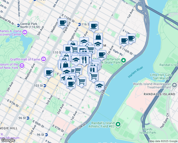 map of restaurants, bars, coffee shops, grocery stores, and more near 323 East 109th Street in New York