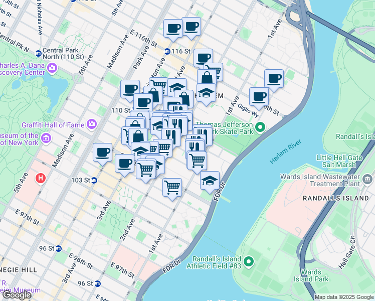 map of restaurants, bars, coffee shops, grocery stores, and more near 323 East 109th Street in New York
