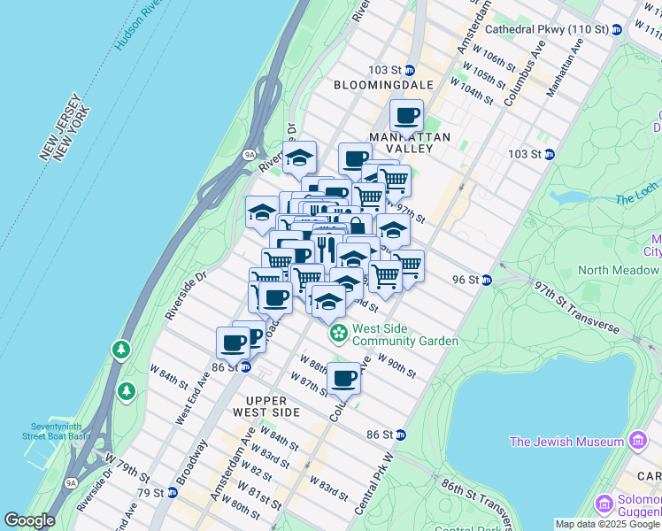 map of restaurants, bars, coffee shops, grocery stores, and more near 200 West 93rd Street in New York