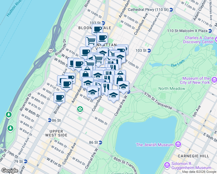 map of restaurants, bars, coffee shops, grocery stores, and more near 750 Columbus Avenue in New York