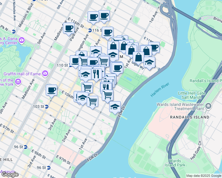 map of restaurants, bars, coffee shops, grocery stores, and more near in New York