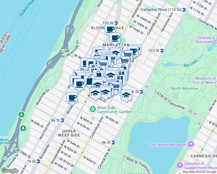 map of restaurants, bars, coffee shops, grocery stores, and more near 129 West 94th Street in New York