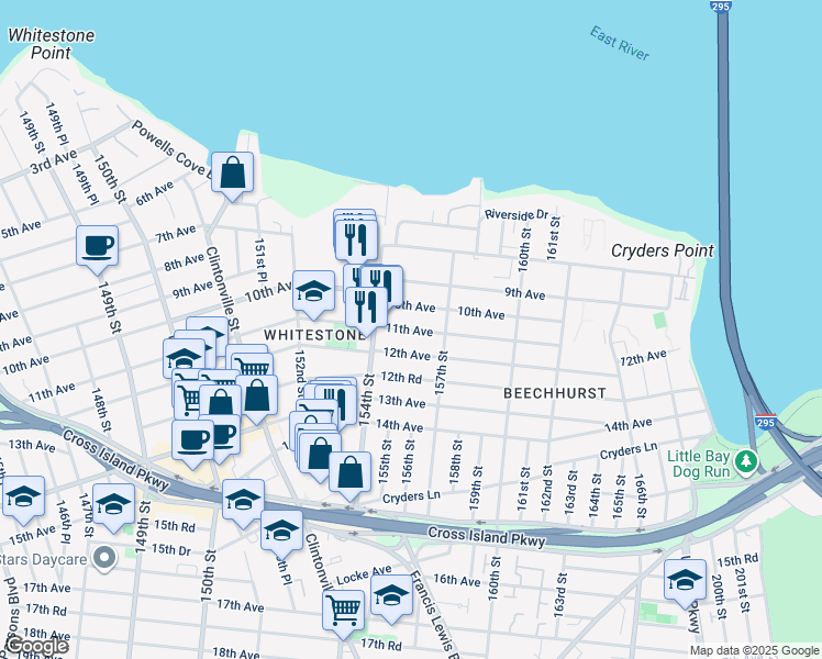 map of restaurants, bars, coffee shops, grocery stores, and more near 154-31 11th Avenue in Queens