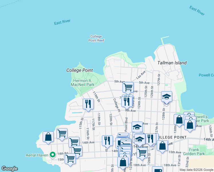 map of restaurants, bars, coffee shops, grocery stores, and more near 5-07 College Place in Queens